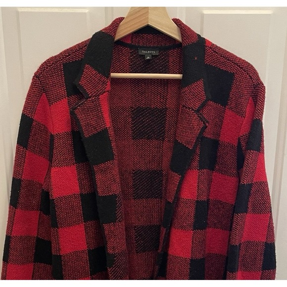 Talbots Sweaters - Talbots Cardigan Red Black Buffalo Plaid Long‎ Cotton Blend Pockets Womens M